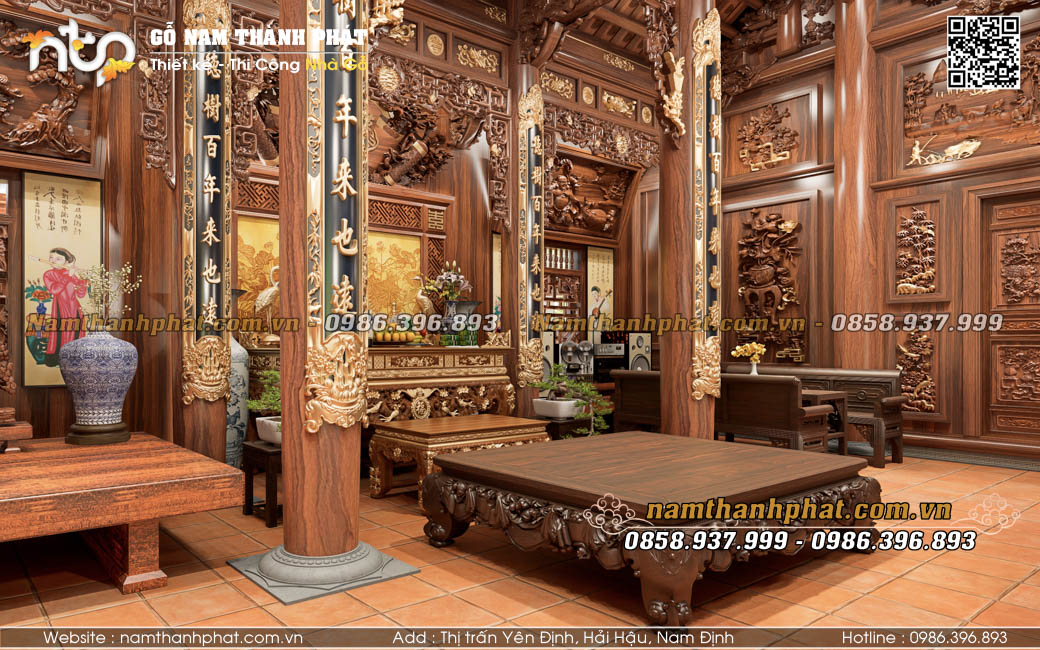 Không gian thờ tự 3 gian giữa của nhà gỗ 5 gian 2 buồng lồi
